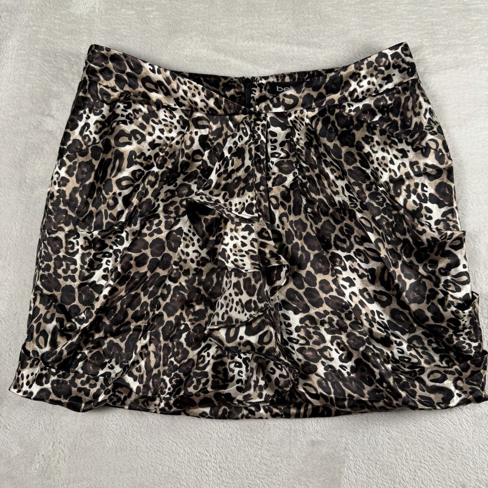 bebe 100% Silk Leopard Print Ruffle Mini Skirt Y2K Animal Print Size 8